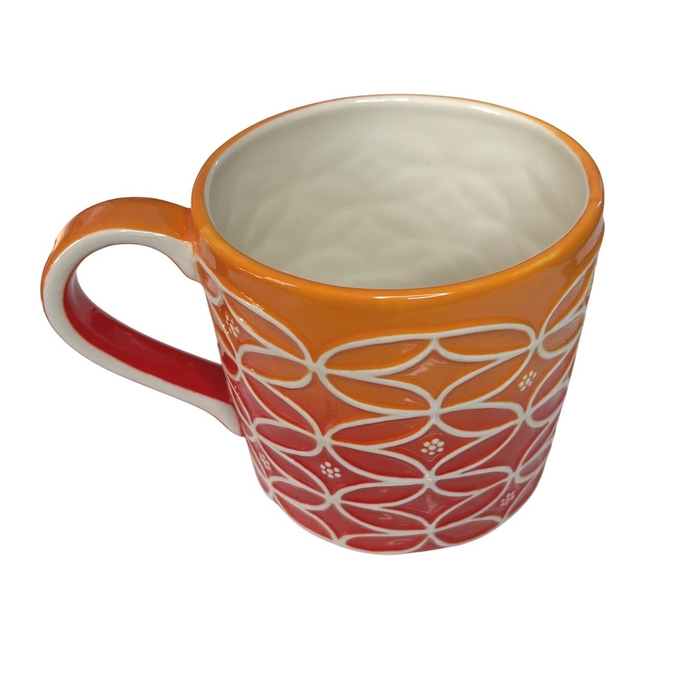Starbucks 2009 Orange Red Floral Coffee Mug 14oz Hand Painted Cup Textured